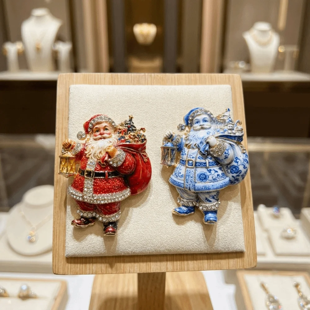 Crystal Rhinestone Santa Claus Brooch Enamel Alloy Lantern Design Christmas Lapel Pin Gift Bag Pattern Sparkling Badge Party