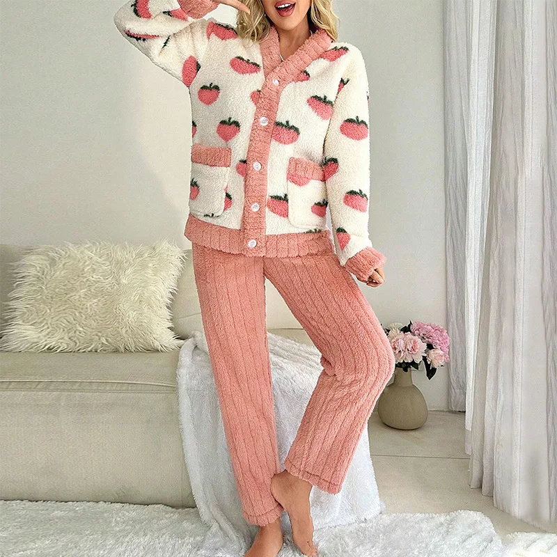 

XL-5XL Plus Size Winter Warm Sleepwear Women Thick Coral Fleece Pajamas Set Strawberry Flannel V-neck Button Cardigan Loungewear