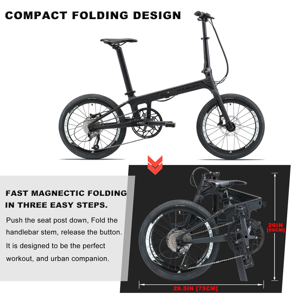 KABON 20 Inch Foldable T800 Carbon Fiber Disc Brake Folding Bike for Adult Student Portable Mini Bicycle 9s