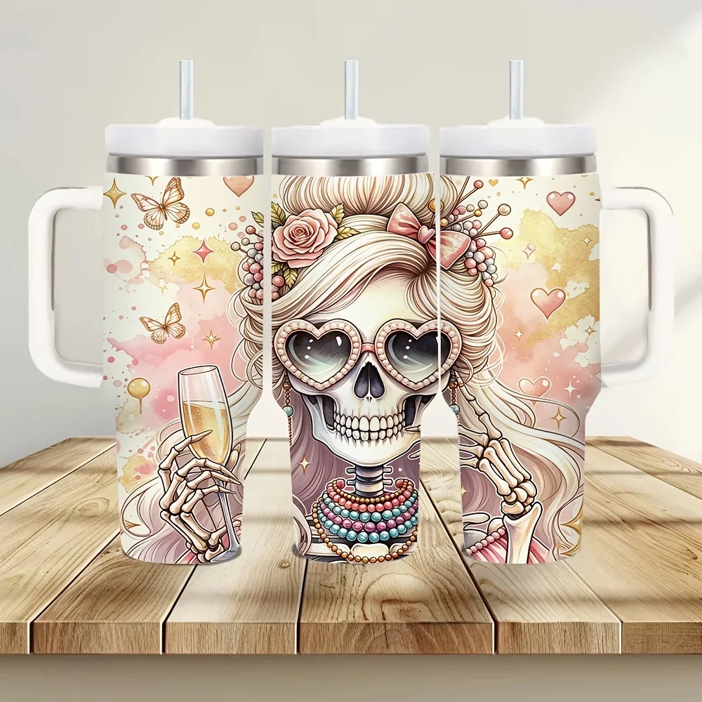 40oz Tumbler with Handle, Insulated Cup for Both Hot And Cold Drinks, Pink Glam Skeleton Print for Women, Ideal for Daily Use, Travel And Outdoor Activities