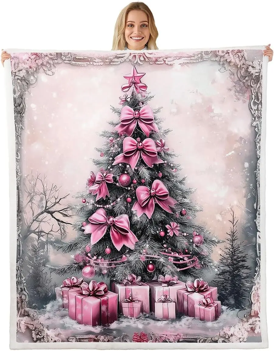 

Флисовое одеяло с розовым бантом и рождественской елкой, с Новым годом, одеяло из шерпа, рождественское сосновое дерево, нечеткая плюшевая одеяло для детей, мальчиков и девочек