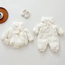2024 New Winter Baby Girl Thicken Warm Clothing Newborn Baby Girls Thicken Warm Bodysuits+Neck Scarf Infant Baby Girls Jumpsuit