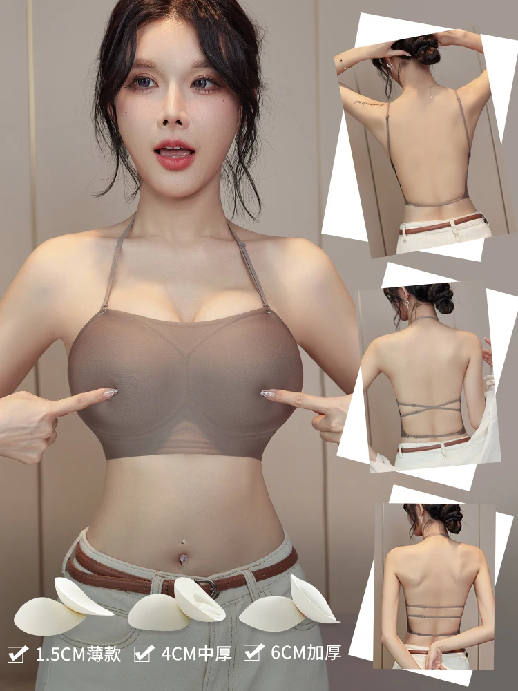 MOYISU حمالة صدر بدون ظهر ورقبة رسن على شكل حرف U وظهر عميق مبطن للصدر الصغير، حمالة صدر صيفية لاصقة غير مرئية بدون حمالات