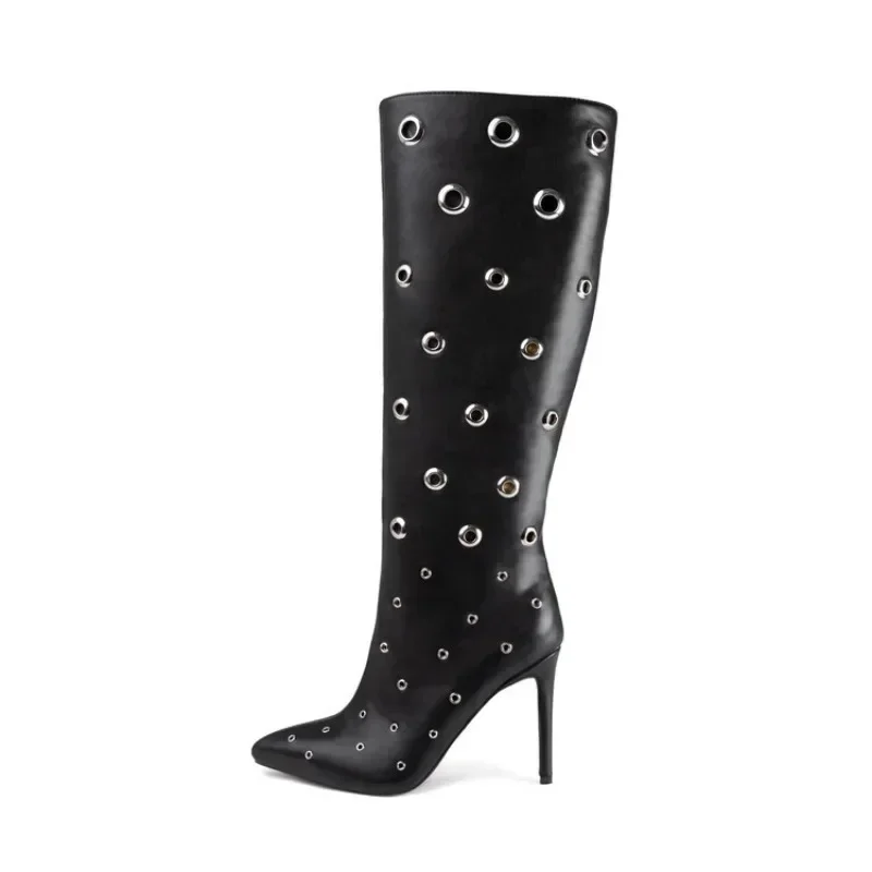 2024 European And American Sexy High-heeled Hollow Hole Sleeve Short Boots For Women, Fashionable Metal Decoration Pointed Boots