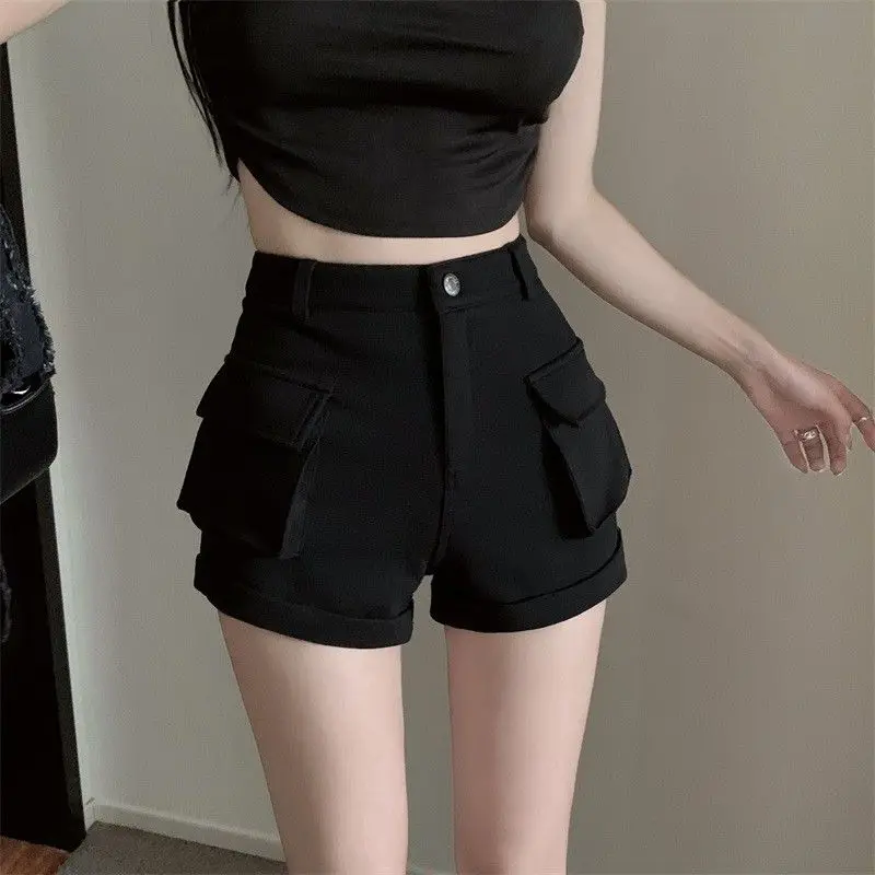 Short court avec poches pour femme, pantalon élastique, blanc, cargo, noir, micro, mini, bas prix, mode Harajuku, vente en gros