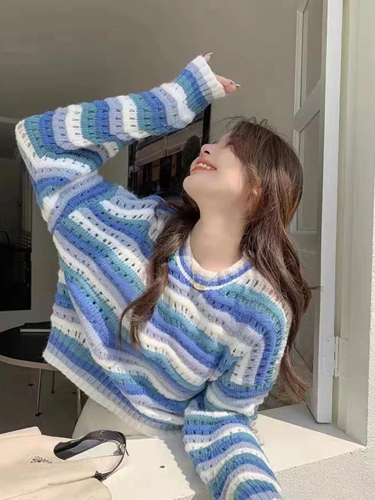 

Jmprs Hollow Out Fashion Women Soft Sweaters Sweet Preppy Style Striped Knitted Pullovers Korean Long Sleeve Female Jumpers New