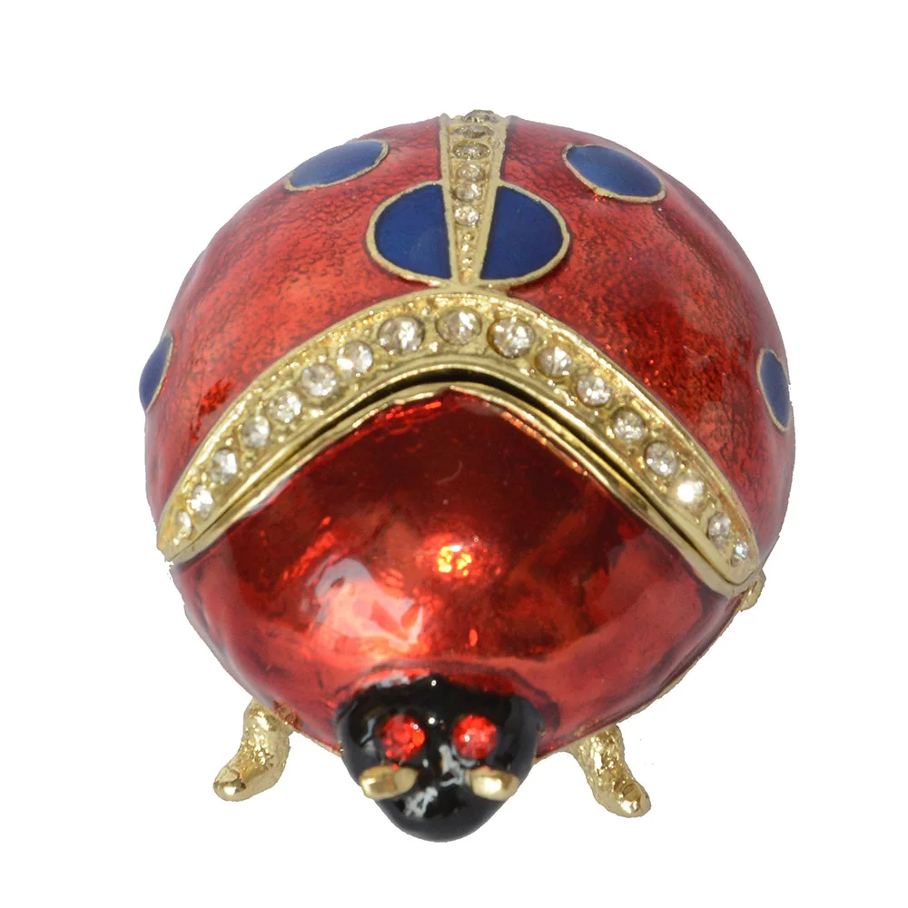 Hand Painted Enameled Ladybug Trinket Box Hinged Ring Necklace Jewelry Organizer Bejeweled Storage Figurine Collectible Keepsake