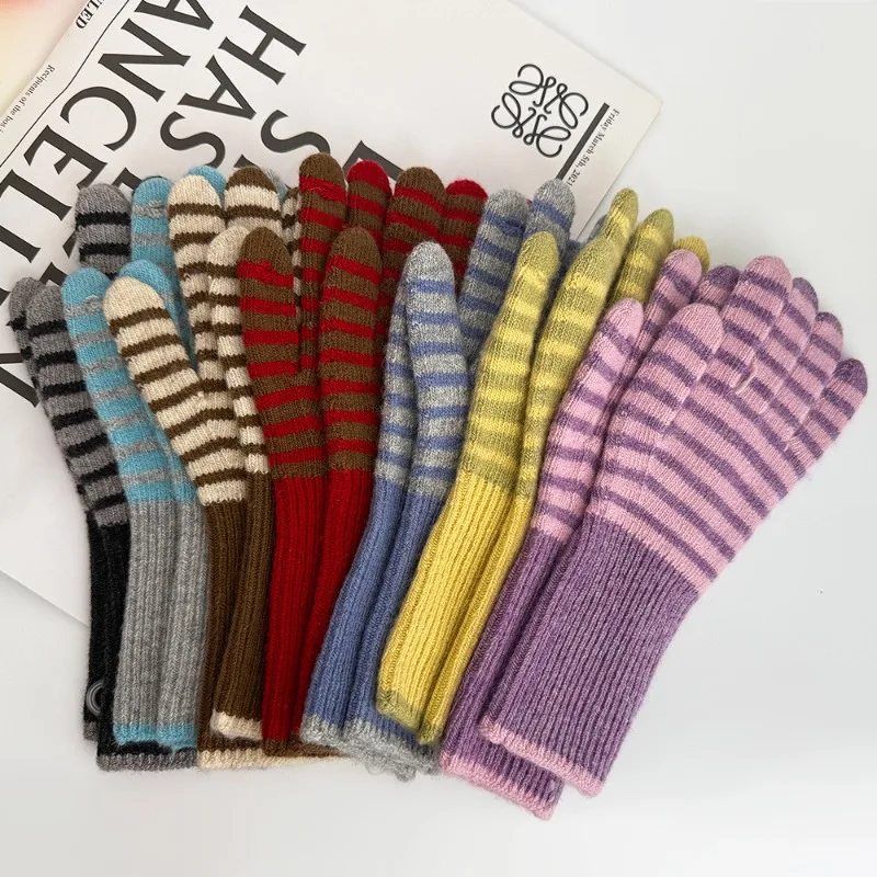 New Ins Striped Touch Screen Wool Gloves Winter Cycling Warm Cold Proof Finger Gloves Touchscreen Thermal Soft