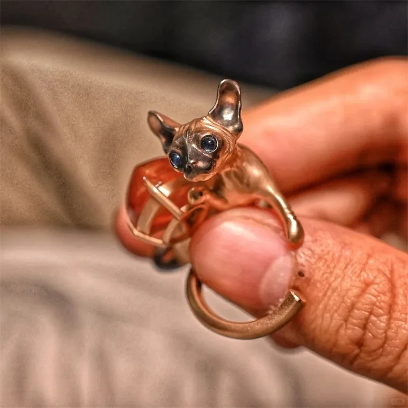 Sphinx Hairless Cat Ring Gothic Punk Crowd Design Creative Personality Fashionable Opening Adjustable Finger Ring Accessories