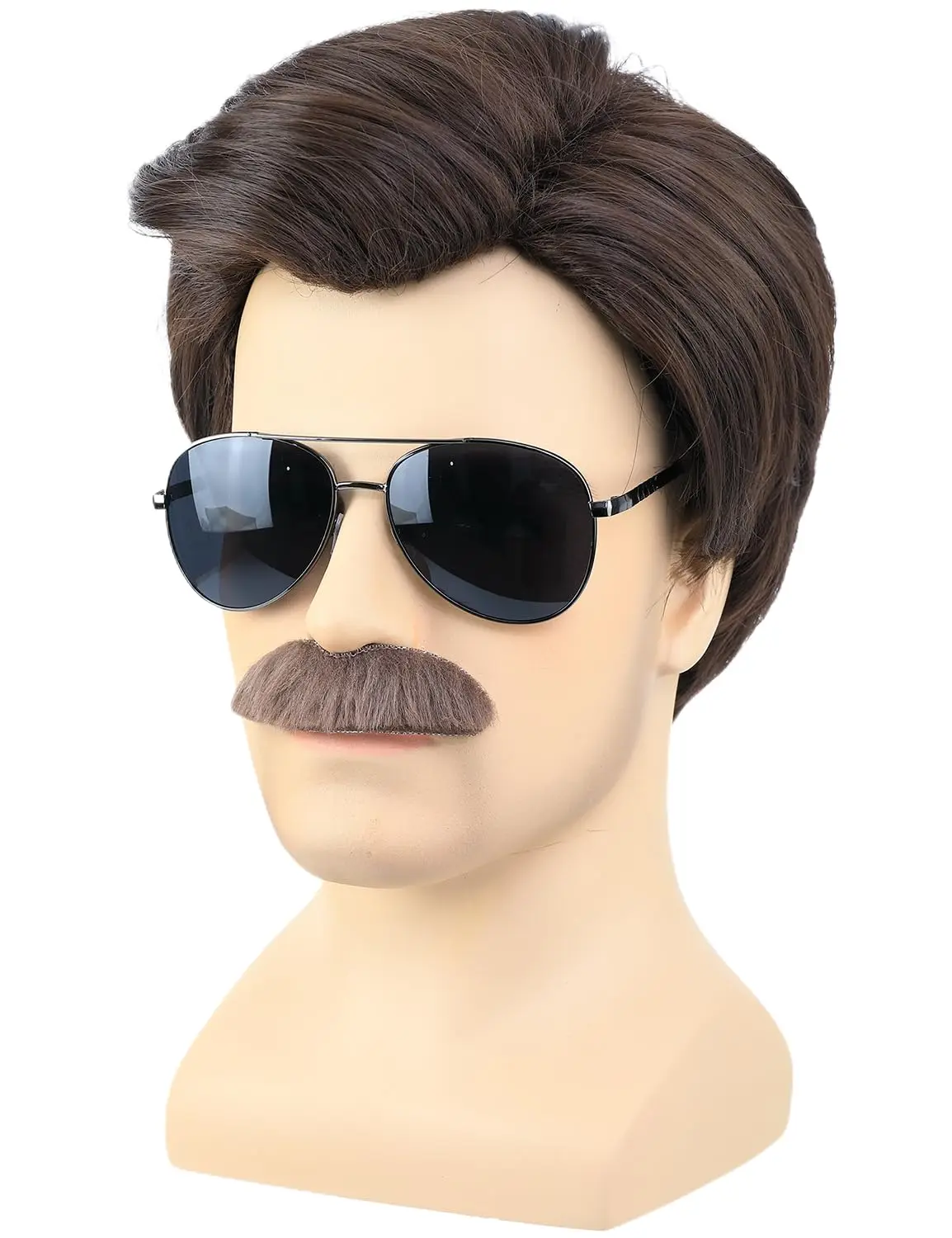 Synthetic Short Brown Men Wig with Msutache and Sunglasses for 70s 80s Costume Cosplay Halloween Party, Ted Lasso Cosplay Wig view 3