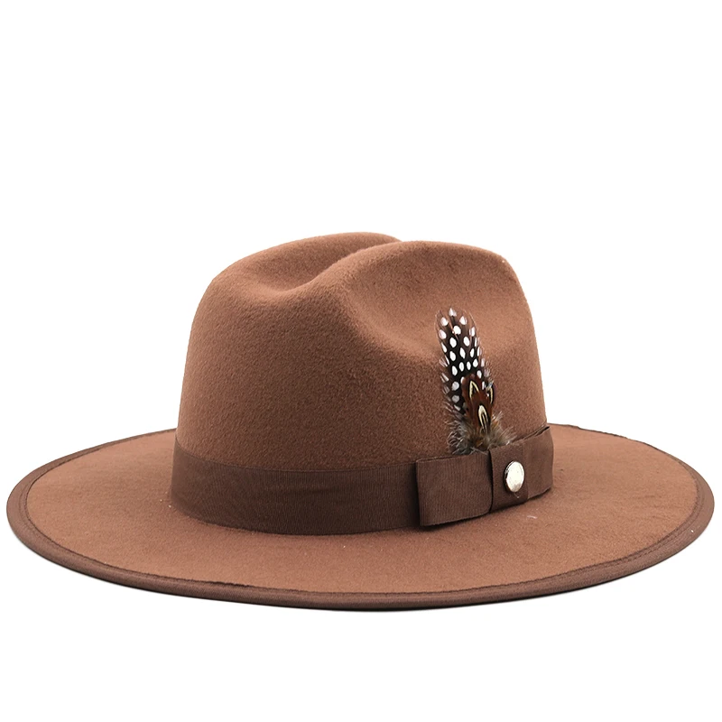 Khaki Wool Women Fedora Hat wide brim hats Elegant Lady Gangster Trilby Felt Homburg Church Jazz Hat Men cowboy hats