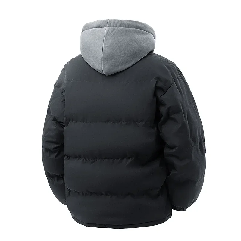 2025 masculino quente parkas casual algodão-acolchoado jaqueta de inverno na moda falso de duas peças com capuz pão algodão-acolchoado jaquetas casacos