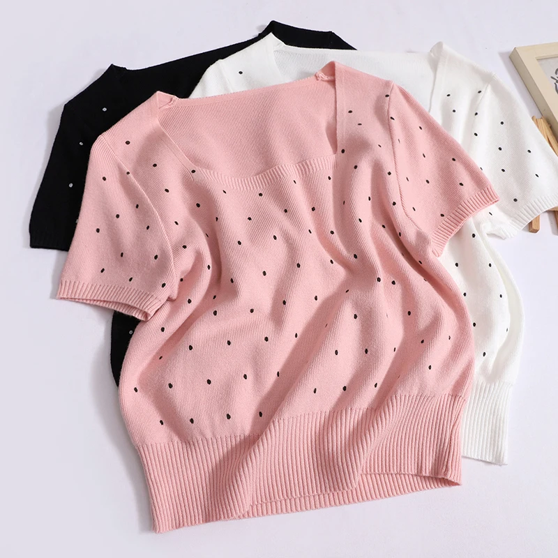 Women 2024 Sweet Dot Square Neck T-shirt Summer Loose Short Sleeved Knit Tops New Versatile Worn Outside Thin Rib Bottom Shirt