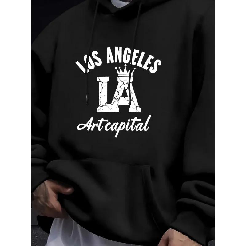 سويت شيرت رجالي بقلنسوة أسود لوس أنجلوس LA Art Capital مطبوع بنمط عالي الجودة من القطن كاجوال ملابس الشارع للرجال