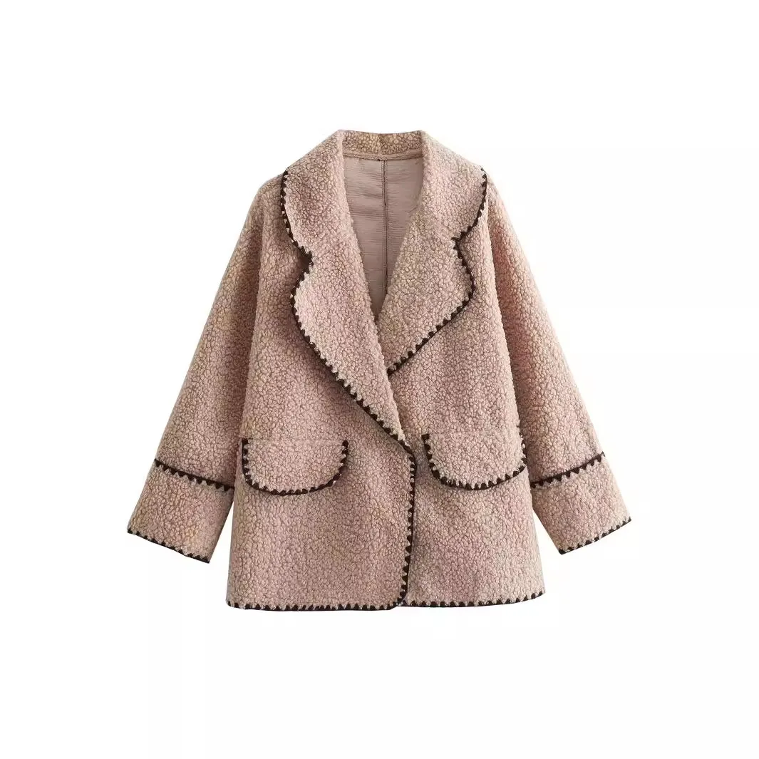 Elegant Women\'s 2024 Winter Blend Jacket Fashionable Sherpa Lapel Loose Cardigan Coat Women\'s Textured Warm Street Jacket