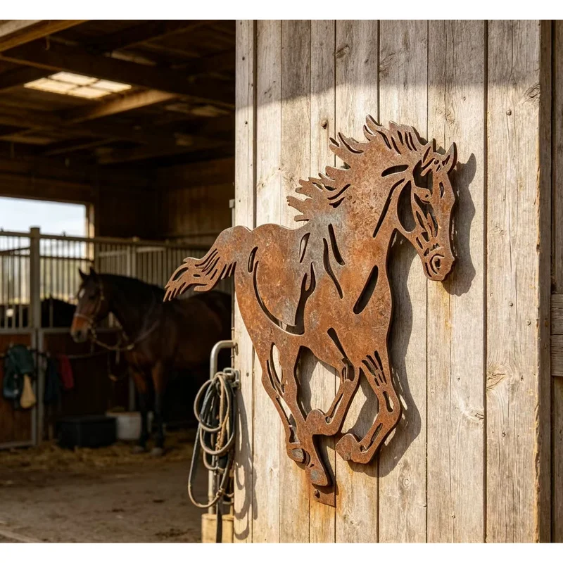Rusty Metal Horse Outdoor Garden Sculpture Western Wind Theme Rustic Style Wall Decorative Art for Garden Decoration