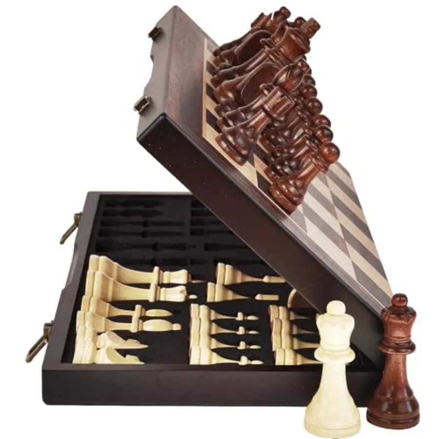 

Travel chess set for tournament and beginner play: 17-inch magnetic wooden board, hand-carved pieces, foam storage slots, 2 ext