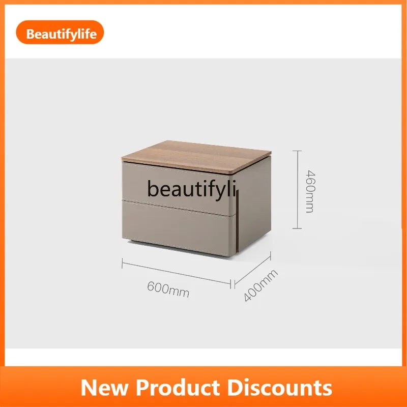 B73 Italian Minimalist Saddle Leather Bedside Table Solid Wood High-End Walnut Bedside Cabinet Light Luxury Storage Cabinet