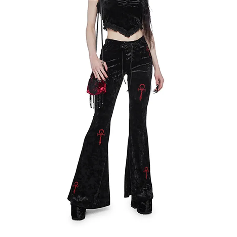 Goth Dark Velvet High Waist Flare Pants Harajuku Fashion Cross Embroidery Soft Long Pant Women Autumn Mall Gothic Slim Trousers