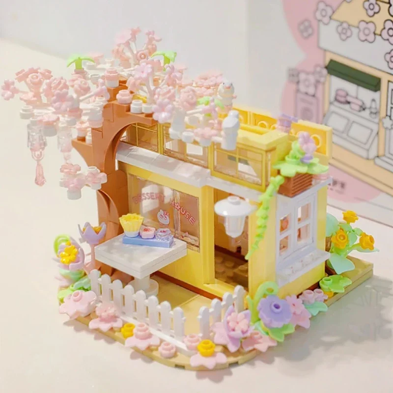 Kawaii Flower Shop Street Scene Assembled House Building Blocks Model Children Diy Small Toys Ornaments Girls Gift Collection