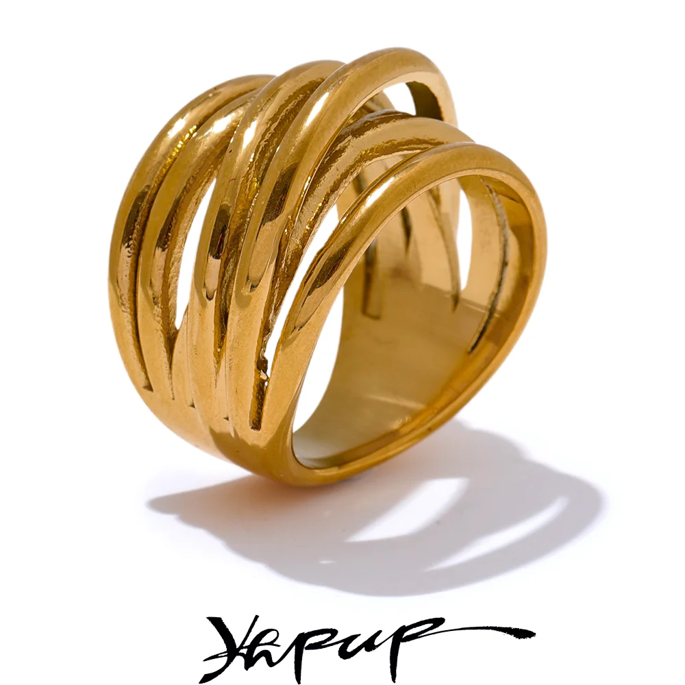 Yhpup Stal nierdzewna 18K PVD Plated Metal Geometryczny złoty szeroki pierścionek Modny złoty kolor Urok Oświadczenie Biżuteria