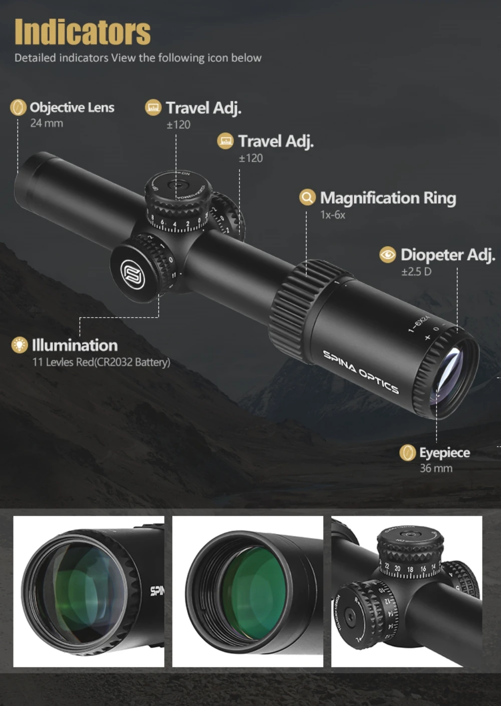 SPINA OPTICS 1-6x24 Riflescope Glass Etched Reticle Mid Dot Dual Purpose Red Dot Turret lock System Wide Field of View 22LR.556