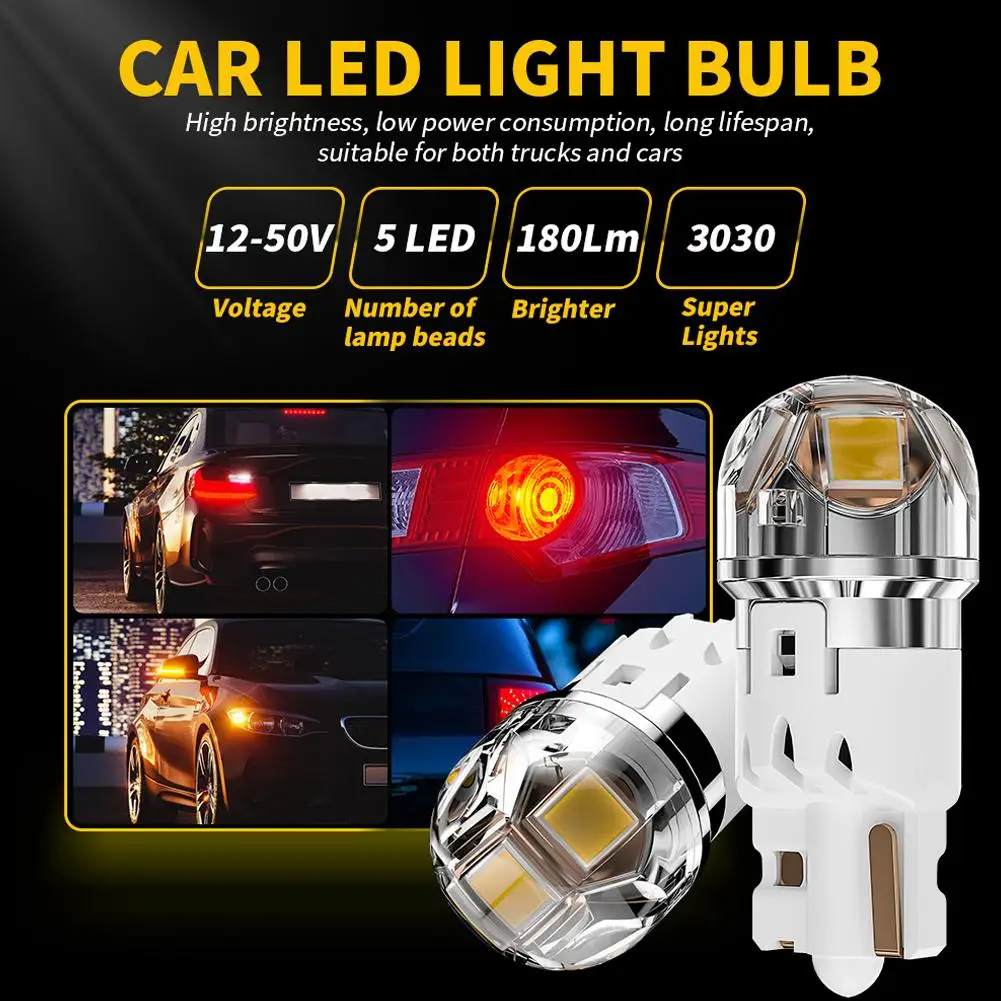 For T10 W5W LED Car Turn Signal Brake Light White Reverse Halogen Lamp Non-polarity 6000K License Plate Lighting White 2pcs