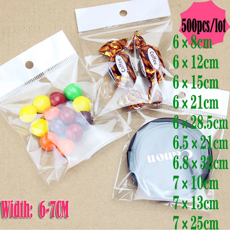 

500pcs/Lot 6-7cm Width Clear Self Adhesive Seal Plastic Bags Transparent Resealable Cellophone Poly OPP Bag With Hanging Hole