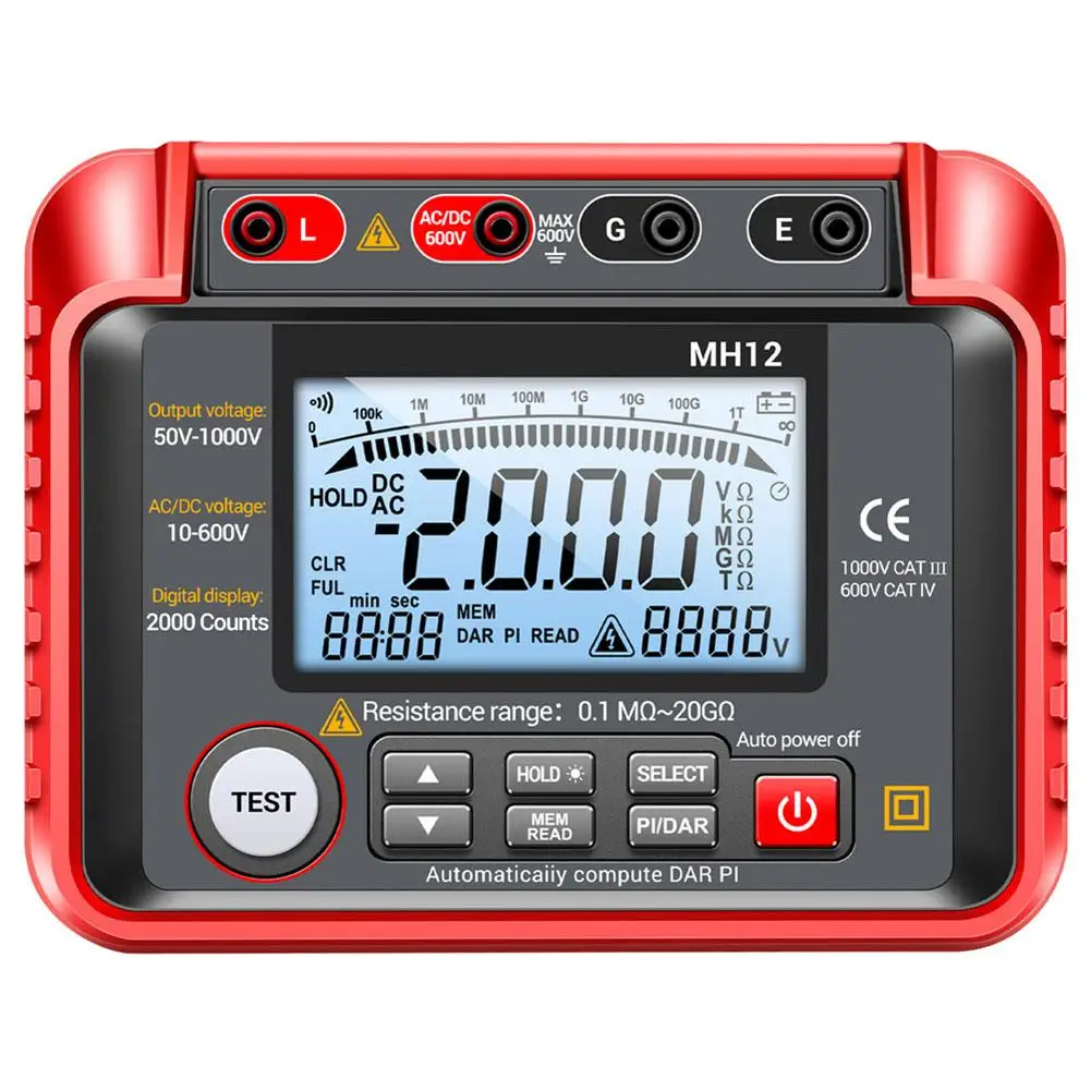 MH12 digital insulation resistance meter with automatic discharge and intelligent operation for safe electrical inspections