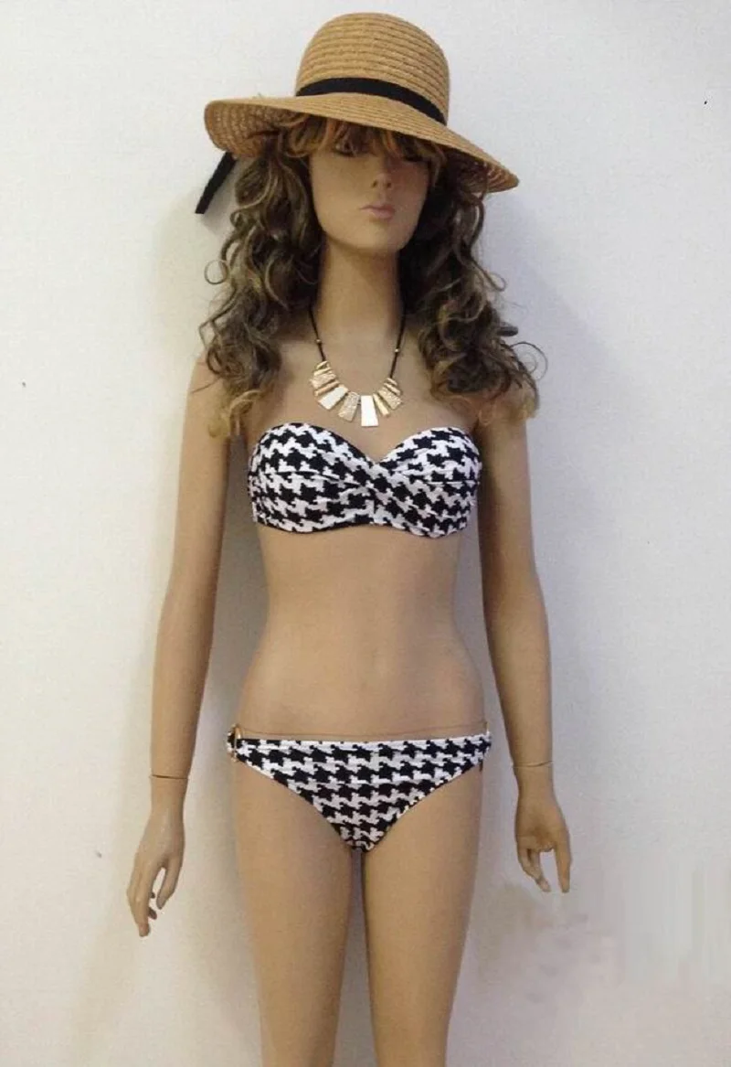 Houndstooth Print Two-Piece Swimsuit - Women's Strapless Bandeau Top with Bottom Bikini Set Trendy Beachwear Holiday Outfit