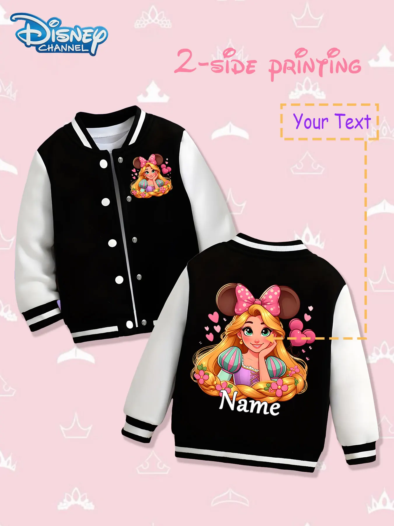 

MINISO Disney Tangled Princess Minnie Cute Children's Baseball Jacket - Double-sided printing of Tangled Princess Minnie's head