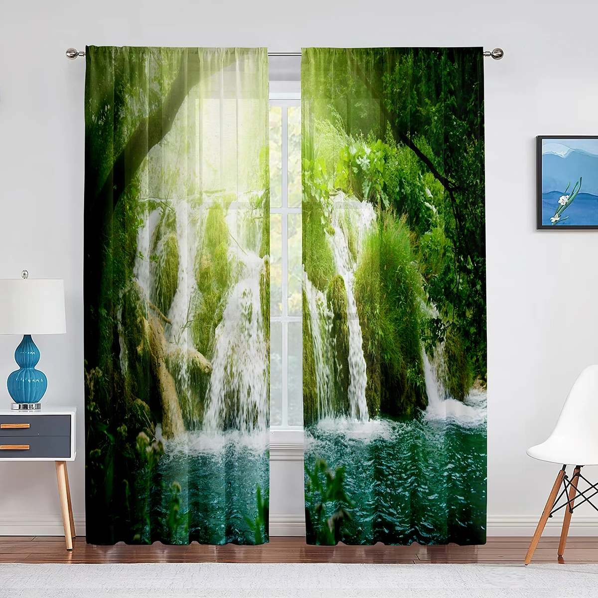 2panels  Waterfall with Nature Landscape Theme Green Forest River Curtains for Living Room Bedroom Curtain Blinds Window Drape