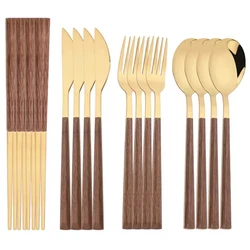 4/12/16Pcs Mirror Gold Cutlery Set Chopsticks Knife Fork Spoon Set Imitation Wooden Handle Korean Dinnerware Luxury Tableware