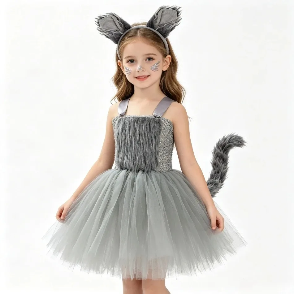 Girls Wolf Dress Up Tutu Dress with Furry Ear Headband and Tail Girls Halloween Animal Role Play Outfit for Theme Party ZZ12