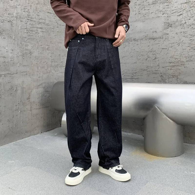 

New Loose High Street Trendy Brand Pi Shuai Harlan Pants Retro Washed Casual Splicing Deep Blue Curved Knife Jeans