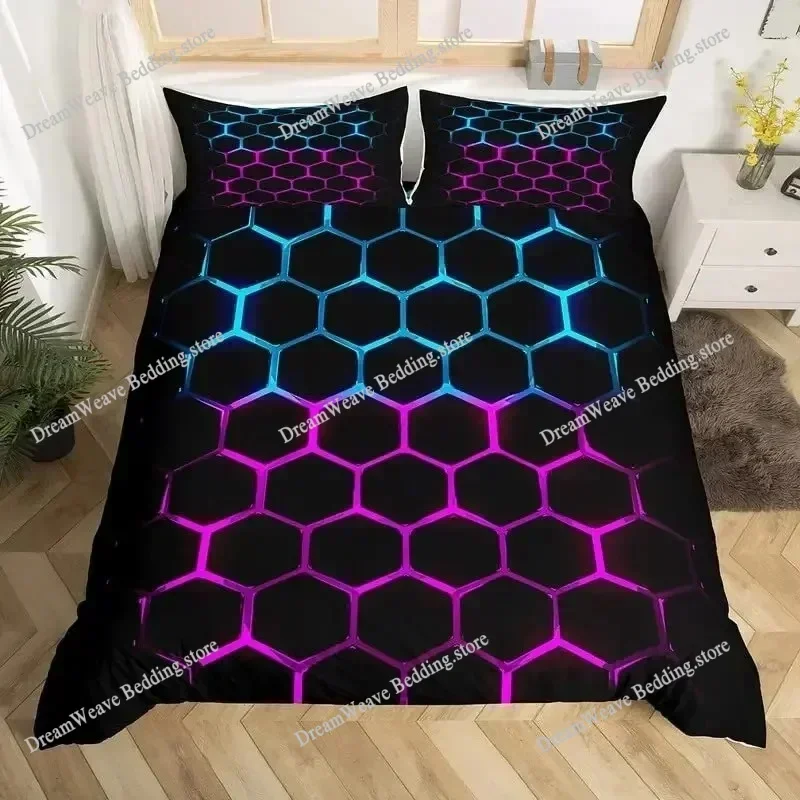 3D Honeycomb Duvet Cover Set Queen Size Geometry Hexagon Theme with Neon Lights Chic Comforter Bedding Set for Boys Teen Man9639