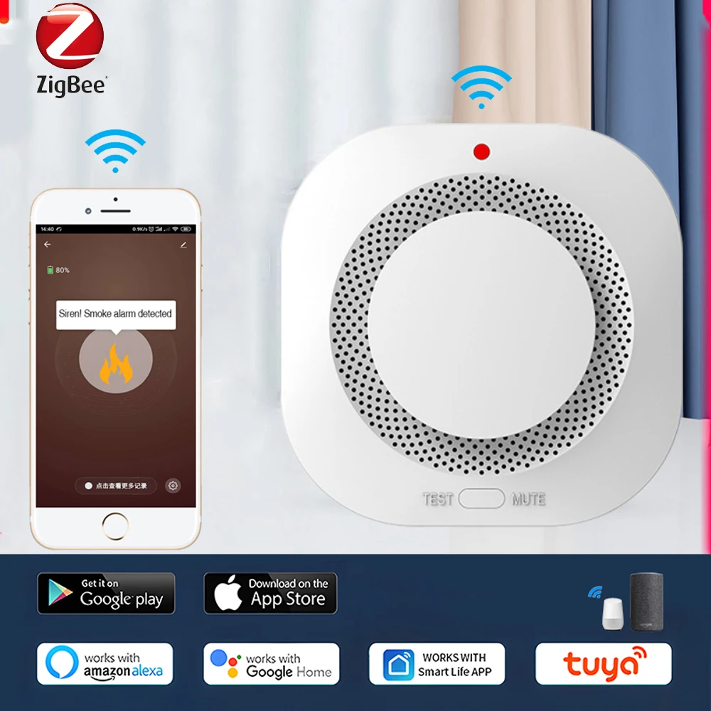 tuya zigbee smoke detector smart fire protection home smoke sensor sound light alarm trabalhar com tuya zigbee hub app controle 01