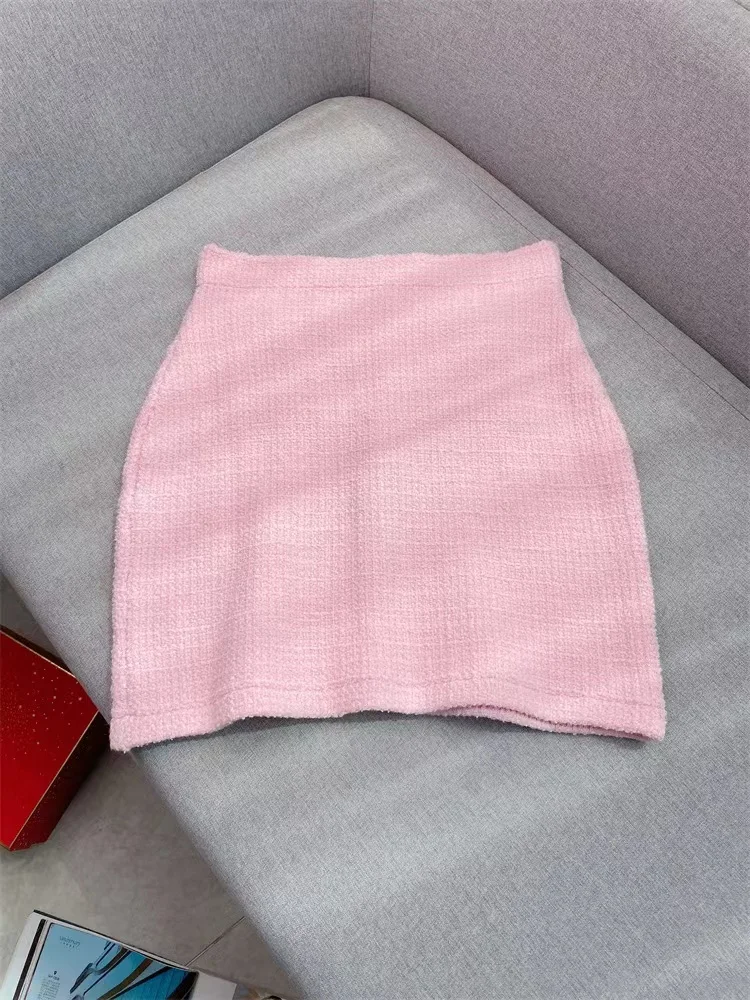 Set lavorato a maglia rosa moda di alta qualità da donna elegante cardigan a maniche corte o minigonna sottile con temperamento da donna