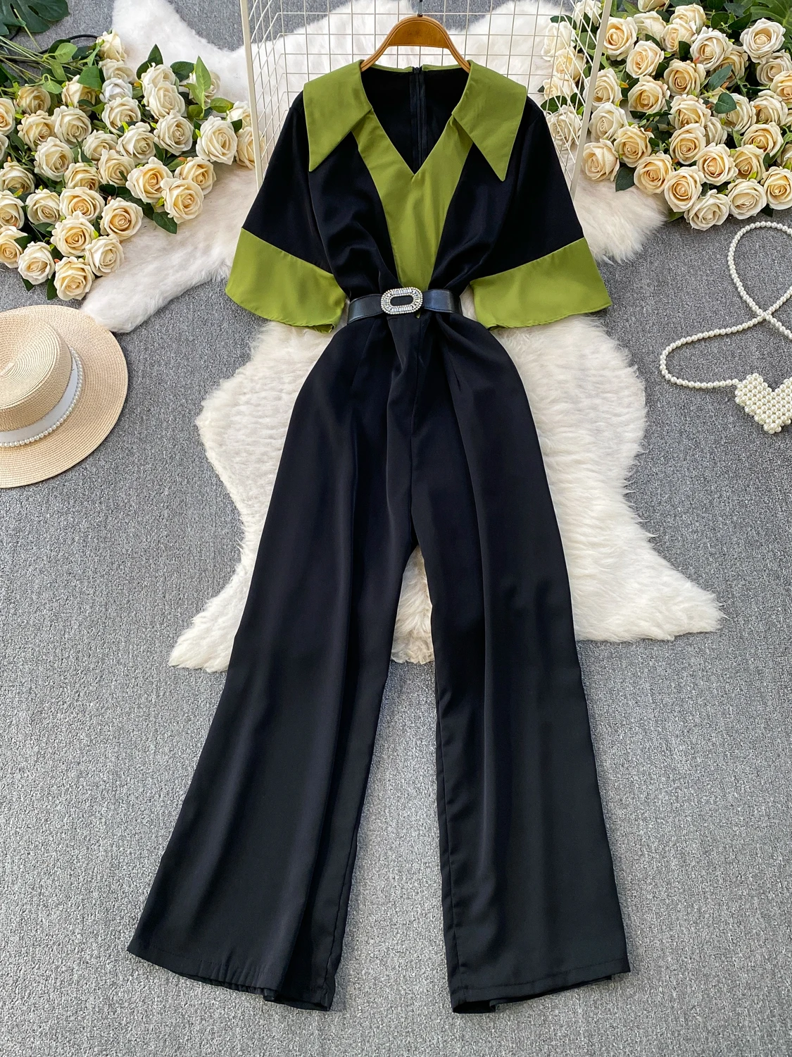 Slimming Wide Leg Pants V Neck Belt High Waist Fashionable Color Block Women's Summer Retro  Suit Office Commute