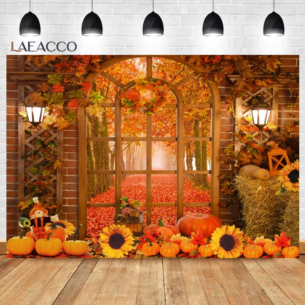 Laeacco осень осень Хэллоуин фон ферма сарай тыква урожай сено лес кленовые листья коричневая деревянная доска фон для фотосъемки