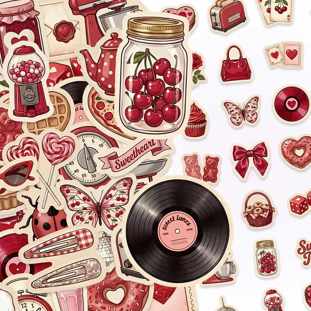 

10/30/50pcs Cartoon Retro Red Aesthetic Stickers Romantic Valentine's Day Decals Water Bottle Phone Suitcase Sticker Decoration