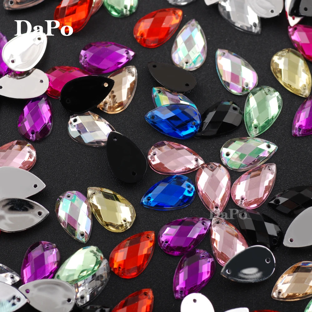 New 10*14mm100pcs 2 Holes Raindrop Acrylic Shine Crystal Colorful Rhinestones Sew on Stones for Clothing Dress DIY Decor Jewelry