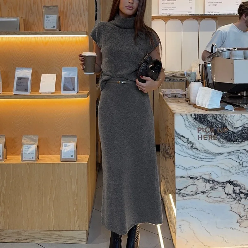 

Tsiisd Elegance Knit Women's Skirt Sets Turtleneck Sleeveless Top High Waist Skirt Commute Premium Party Sets Female Outfits New