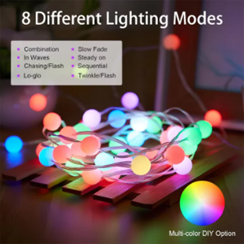 2026 5V USB Powered RGBIC Round Ball LED String Bluetooth Music Sync Waterproof Camping Patio Garden Decor Light