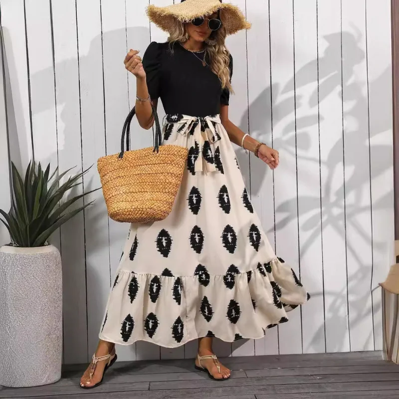 

20252023 Elegant Women's Geometric Print Round Neck Puff Sleeve Hem Ruffle Dress High Waist Slim Fit