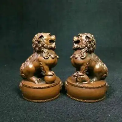 

Chinese Boxwood Wood Carving Fengshui Lion Fu Foo Dog Guardion Beast Statue Pair Ornaments Iiving Room Decoration Home Gift