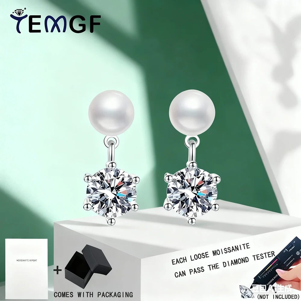 

TEMGF Freshwater Pearl Ear Studs for Women 6.5mm Moissanite/Zircon Pendants S925 Sterling Silver Earrings Classic Fine Jewelry