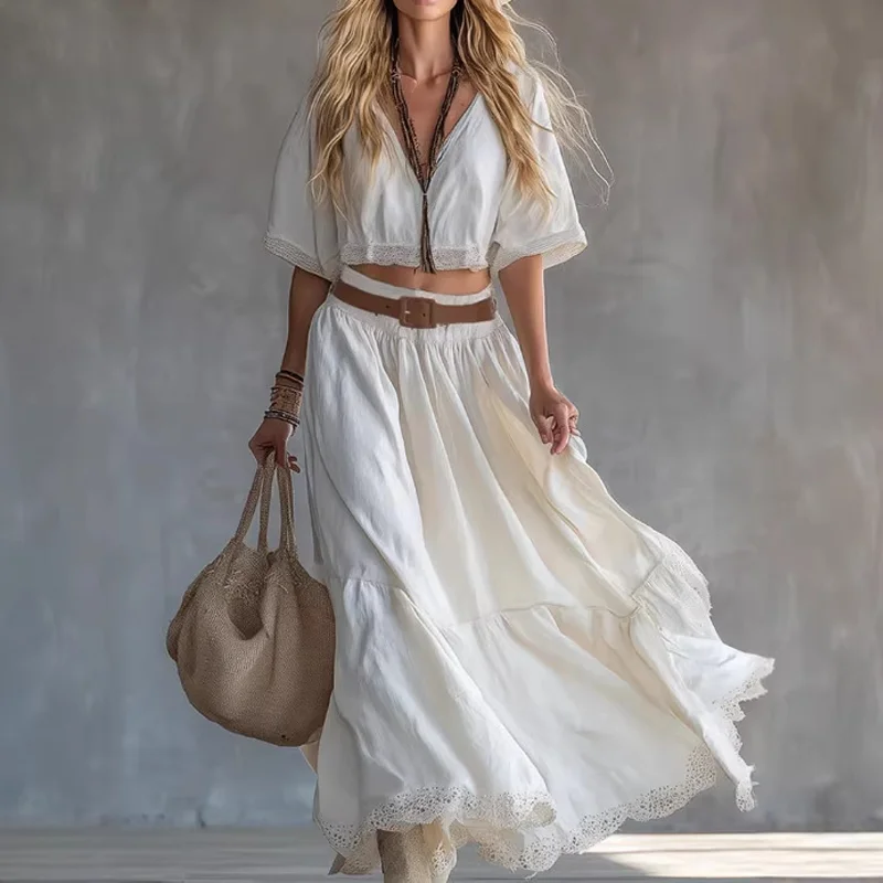 

Women's Two Piece Set White Boho V Neck Cropped Top Tiered Maxi Skirt Lace Trim Casual Beach Vacation Flowy Summer for Women
