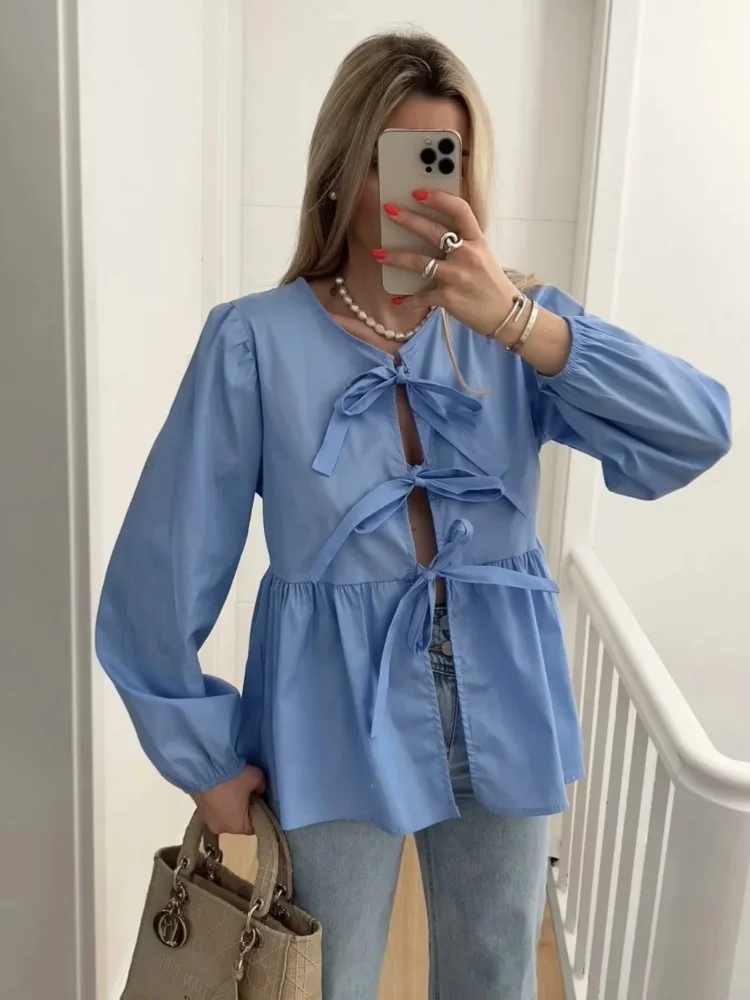 

Woman 2024 Summer Fashion Elegant Casual New Product Street Bow Hollow Sweet Long sleeved Round Neck Shirt