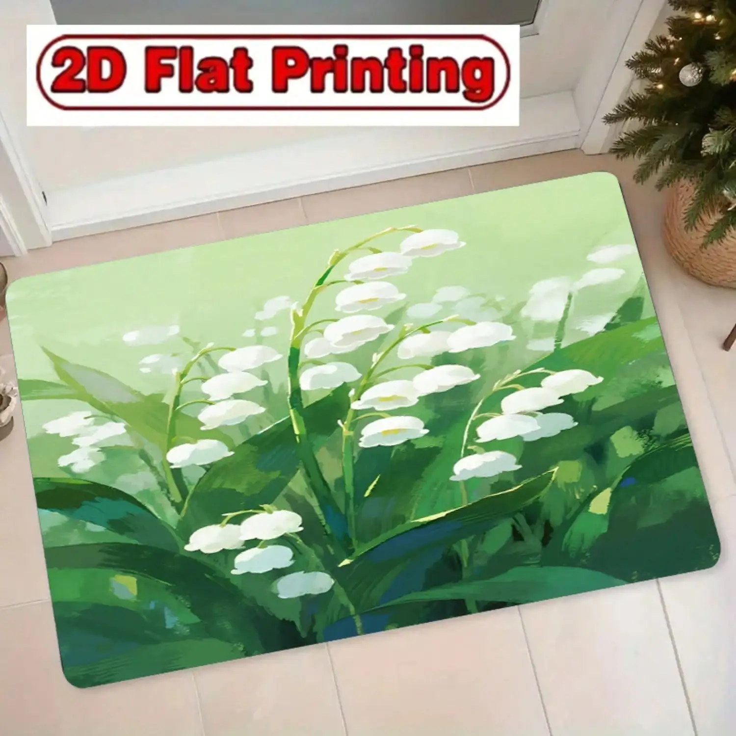 2D Flat Outdoor Doormat: A Gentle Japanese-Style Forest-Themed Rectangular Entrance Mat Featuring A Soothing Lily Of The Valley Floral Pattern. Made Of